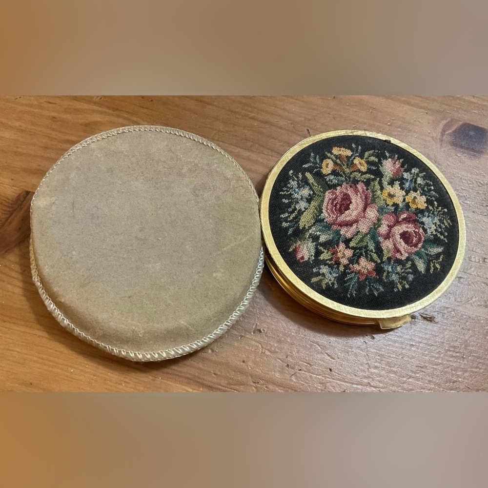 Compact Vintage make up Mirror:  Needle work floral embroidered on front .